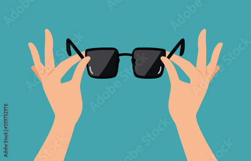 Hands Holding a Pair of Polarized Sunglasses Vector Cartoon Illustration. Person checking the UV filtering and polarization of lenses 
