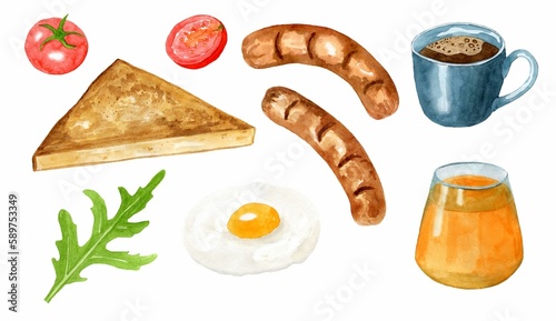 Set elements traditional breakfast with egg, sausages, sandwich, tomatoes and herbs, cup and juice . Hand drawn watercolor illustration isolated on white background. Template for design menu.