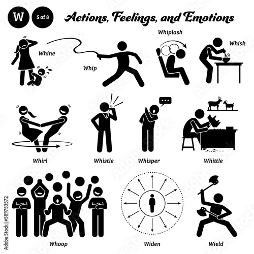 Stick figure human people man action, feelings, and emotions icons alphabet W. Whine, whip, whiplash, whisk, whirl, whistle, whisper, whittle, whoop, wide, and wield.