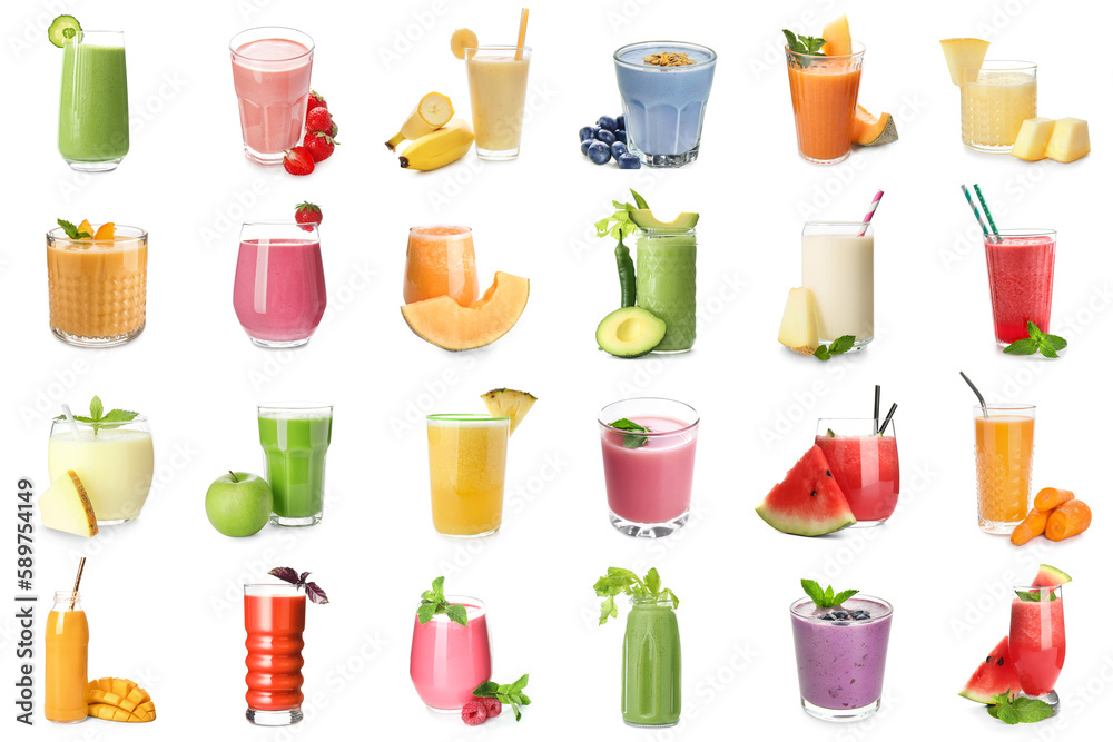 Set of many smoothies on white background Set of many smoothies on white background