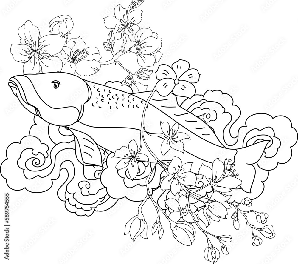 Naklejka premium Salmon with sakura flower tattoo and water splash background.Traditional Japanese culture for doodle art,coloring book and printing on poster for restaurant.