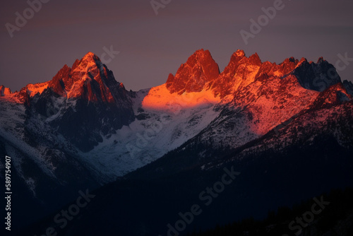 Beautiful alpine glow on the mountain peaks generative AI