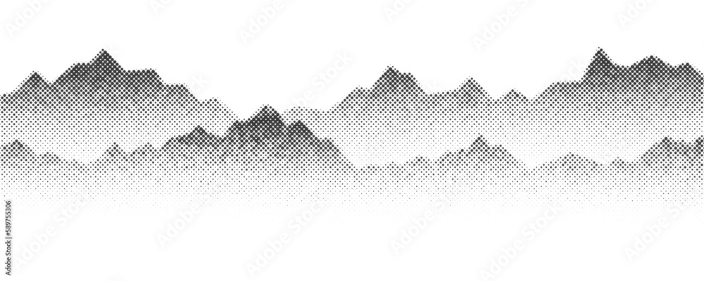 Dotted mountain gradient background. Noisy stippled grainy texture. Abstract rocks landscape with peaks with sand effect. Vector halftone fade illustration