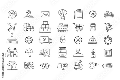 Shipping and delivery icons set for your design. Outline colouring style on black background. For presentation, mobile application, web, infographics