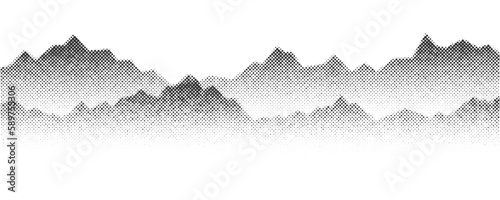 Dotted mountain gradient background. Noisy stippled grainy texture. Abstract rocks landscape with peaks with sand effect. Vector halftone fade illustration