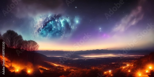 Mountain landscape fantastic cosmos galaxies stars planets and nebulae. Sunset and unreal night sky. Panoramic photo mountains. Generative AI