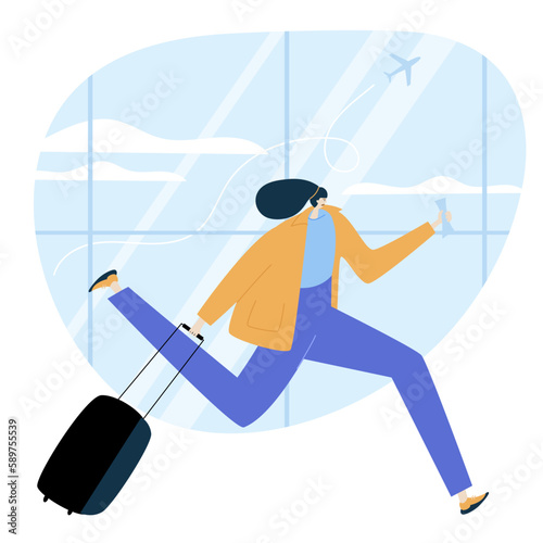 The passenger, woman with baggage is late to the plane. She buy online tickets and go to the journey on airport.