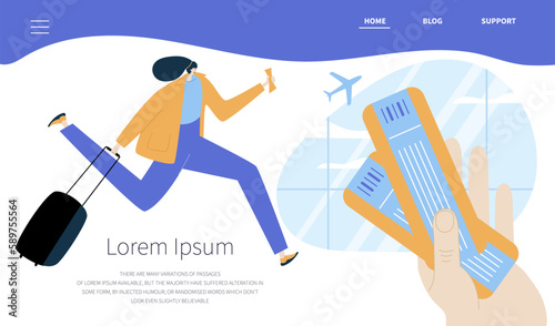 The woman with baggage is late to the plane. She buy online tickets and go to the journey on airport. Illustration good for landing page webs site.