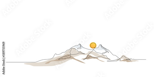 Continuous line drawing of sun and mountain range landscape background. One single line colored drawing of mountain, sunset panoramic view. Line art style illustration of nature. Vector linear style