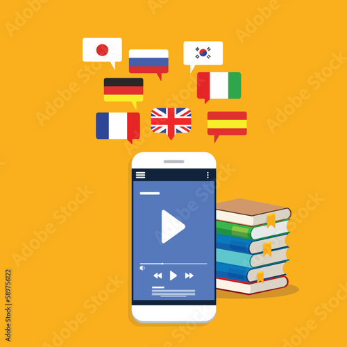Learning Foreign Language Courses. Smartphone with Educational App. Vector illustration