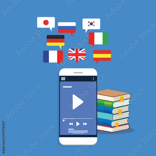 Learning Foreign Language Courses. Smartphone with Educational App. Vector illustration