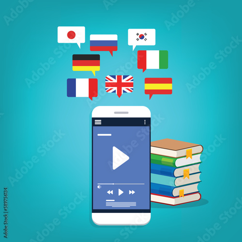 Learning Foreign Language Courses. Smartphone with Educational App. Vector illustration