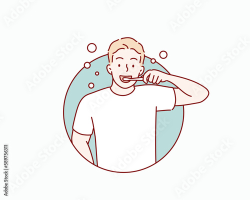 Man brushes teeth with toothbrush. Hand drawn style vector design illustrations.