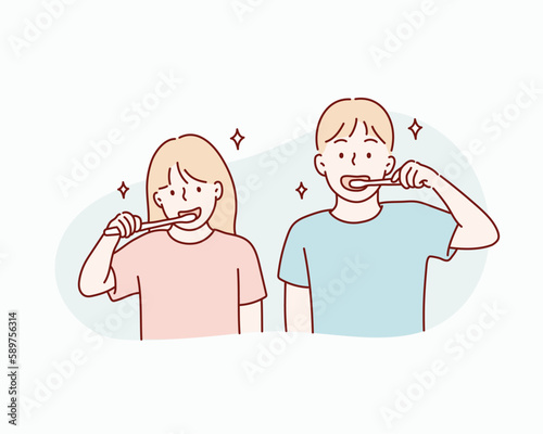 Two cute kids, brushing their teeth. Hand drawn style vector design illustrations.