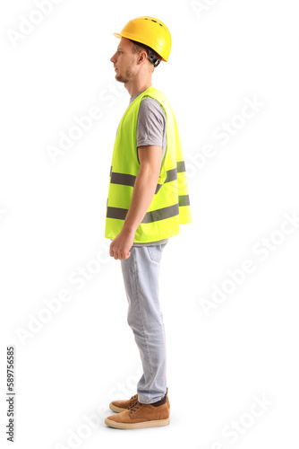 Male worker in vest and hardhat on white background © Pixel-Shot