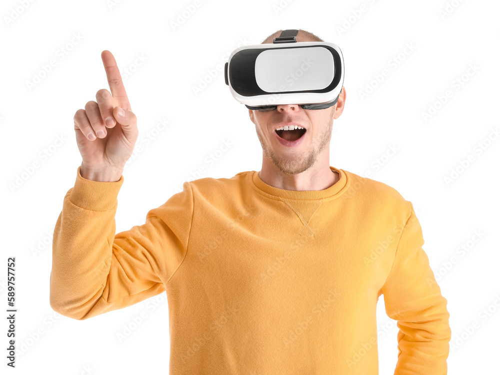 Young man using VR glasses on white background Young man using VR glasses on white background