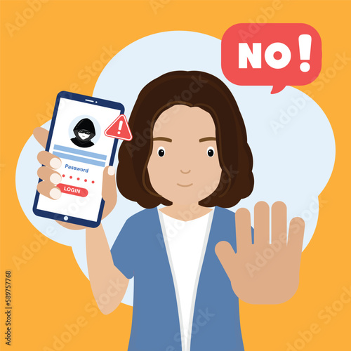 woman Warning Phone from Hacked login and password. Cyber crime. Illustration vector