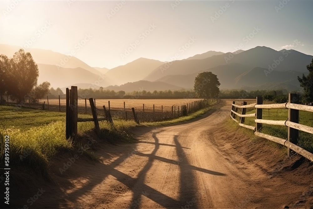 Rural dirt road with a wooden fence and a scenic view of mountains in the distance in the morning light with a natural and organic style | Generative AI
