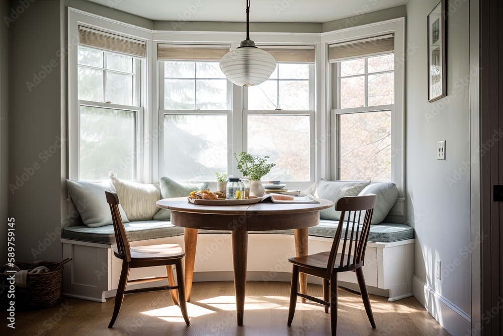 Breakfast nook with a built-in bench a round table and plenty of natural light in the morning light with a casual and relaxed style | Generative AI