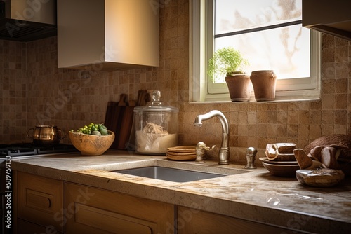 Kitchen with warm earth tones textured walls and a marble backsplash in the afternoon light with a comfortable and cozy style | Generative AI