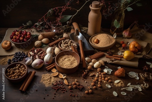 Natural ingredients used in cooking or baking such as herbs spices and nuts arranged in a pattern and with a warm and inviting style | Generative AI