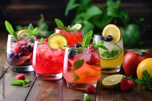 Colorful cocktails with fresh fruit and herbs perfect for springtime entertaining | Generative AI