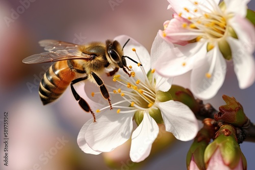 Bee pollinating a flower showcasing the essential role of insects in the springtime ecosystem | Generative AI
