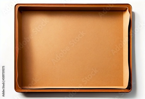 Baking sheet with brown parchment paper isolated on a white background. Empty oven tray for baking and roasting. Rectangular baking pan for food design. Nonstick kitchen utensils. Generative AI