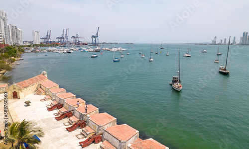 Paisaje urbano de la ciudad de Cartagena (Colombia), incluyendo sus playas, fuertes, murallas, centro histórico, mar. photo