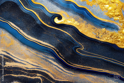 Blue and golden acrylic liquid ink swirl abstract background with ravishing turbulence wavy pattern and detailed texture. Luxury fluid liquid art by Generative AI.