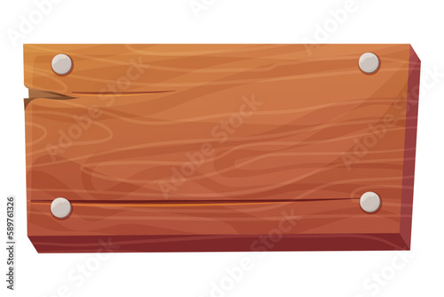 Wooden plank, frame game ui asset textured piece of board with nails, button in cartoon style isolated on white background. frame for massage, decoration.