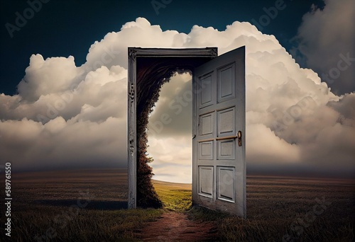 surreal open door in the middle of nature with a cloud above. Generative AI photo