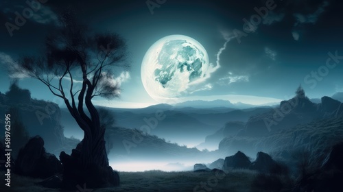 Fantasy night landscape with full moon. Generative AI
