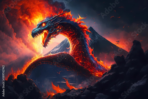 Fire dragon on the volcano. AI generation