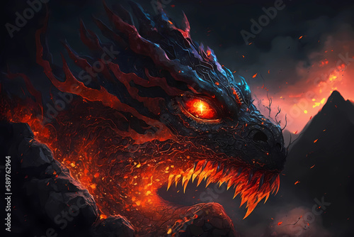 Fire dragon on the volcano. AI generation © Ирина Шемшура