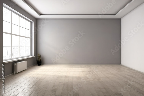 Large bright and modern interior of a new apartment with a large empty gray wall in the middle. Generative ai
