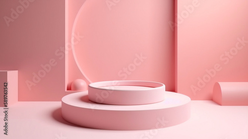 Empty pink podium product display stand minimal pedestal on pink background