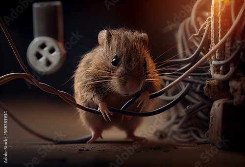 Home electrical wires chewed on by mouse. Rodent damage, infestation and pest control concept. Generative AI photo