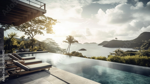 Patio with an infinity pool in the Seychelles. Generative AI © piai