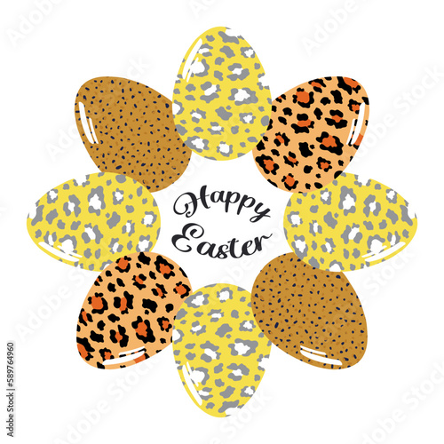 Happy Easter. Stylish trendy postcard with cute painted eggs in a predatory leopard design on a white background. Vector.