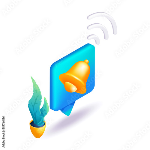 Trending 3D Isometric, cartoon illustration. Bright notification icon. The golden bell rings with a new reminder notification. Vector icons for website