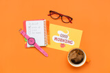 Card with text GOOD MORNING, to-do list, wristwatch, eyeglasses and cup of coffee on color background