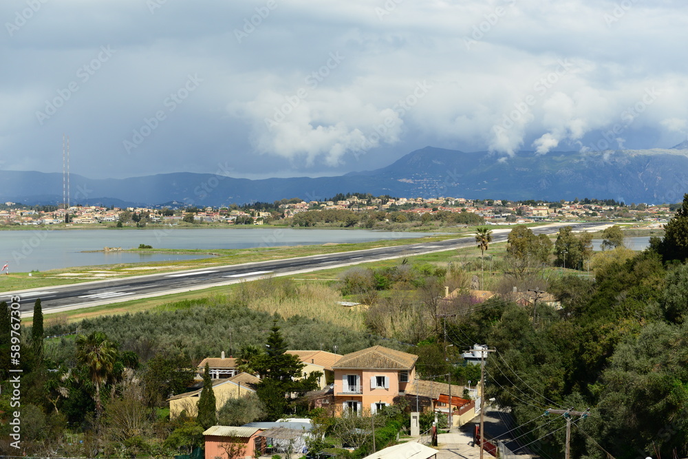 Corfu island, Greece,- The airport runway in Spring built on water.