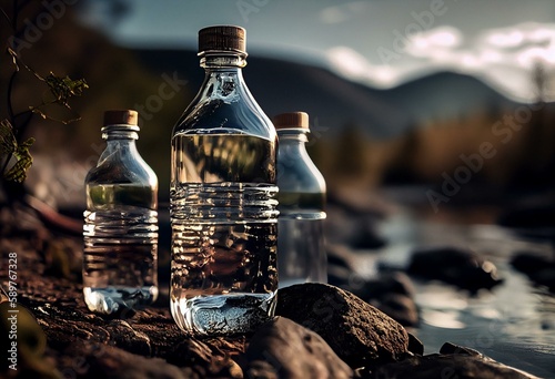 Bottles of clean water outdoors, closeup. Generative AI