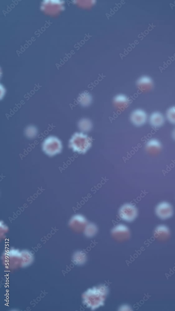 Animation of covid 19 cells floating over purple background Animation of covid 19 cells floating over purple background