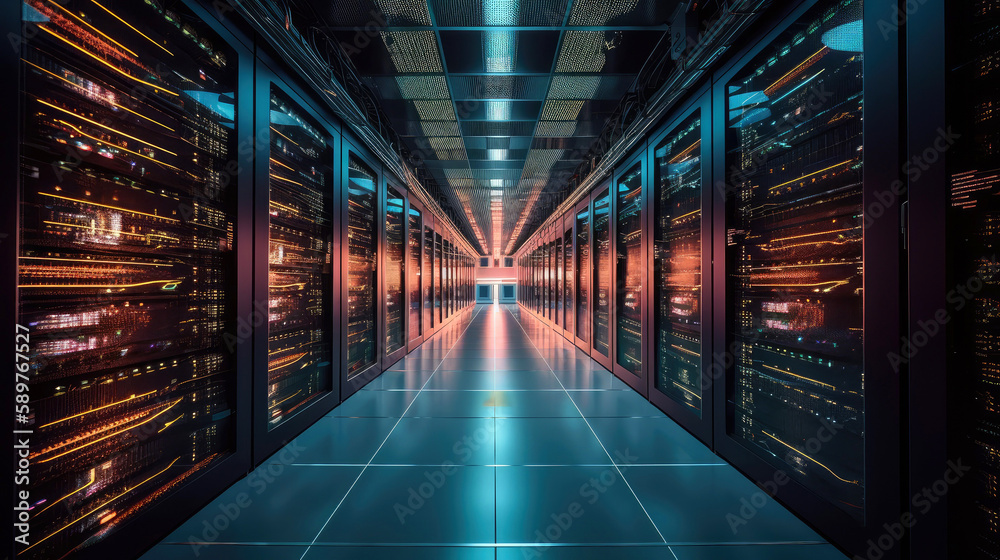 Fototapeta premium High-tech and futuristic interior of a massive data center. Generative AI