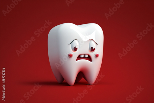 Sad tooth in pain cartoon dental character on a red background. Generative AI