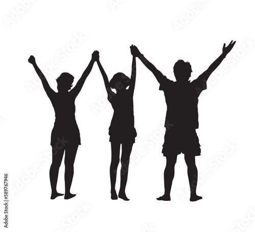 Silhouette of family woman, man and teenage child standing with raised hands in greeting. Vector illustration