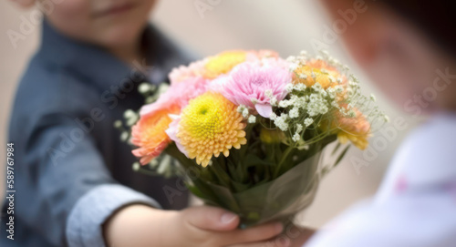 Mother's day. Little child offering flowers, love gift to a young woman, close up view. Generative AI