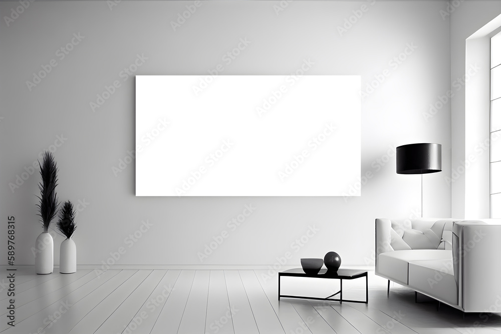 Interior white of the living room with a white sofa, coffee table and mockup poster on the wall. AI Generative